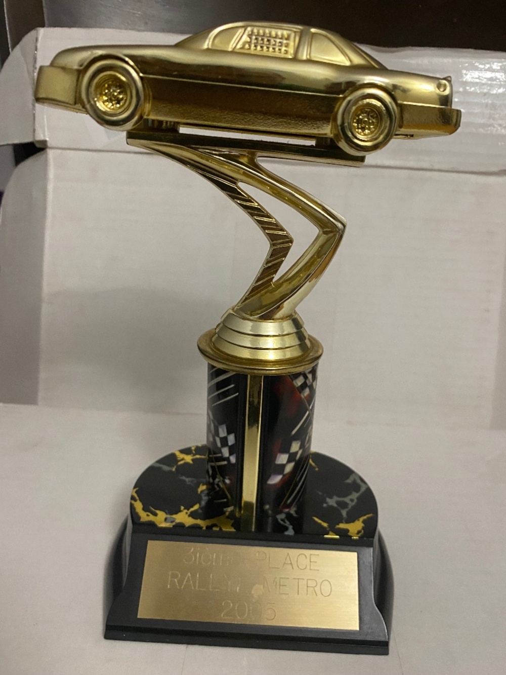 Vintage 2005 Rallye Metro 3rd Place Trophy - Gold Tone Racing Car Decor